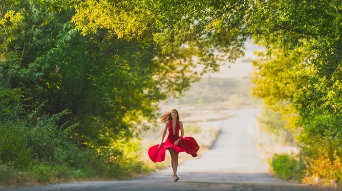 trees, road, model, girl, red dress