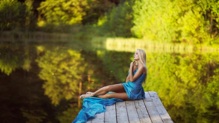 blonde, blue dress, nature, model, river, girl