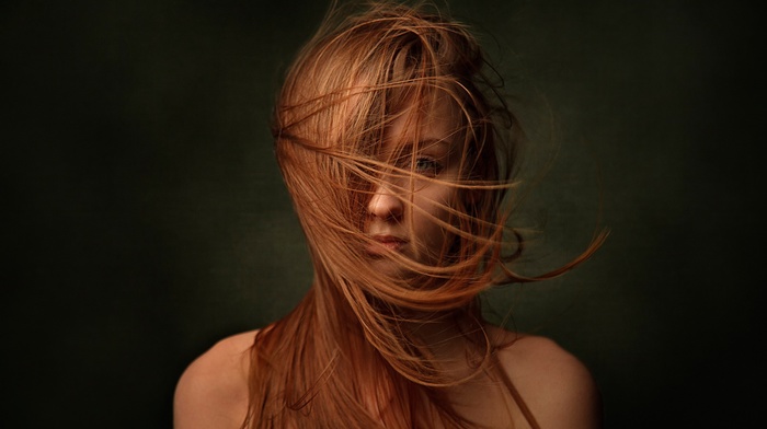 portrait, hair in face, face, girl, model, redhead