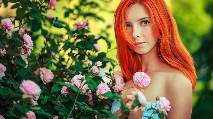 redhead, girl, model, flowers