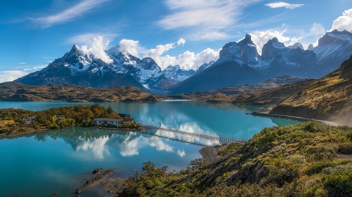 blue, Chile, Patagonia, mountain, Torres del Paine, hotels, bridge, water, landscape, lake, clouds, shrubs, nature, turquoise, road, snowy peak