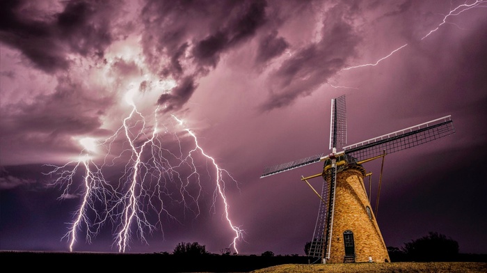 nature, landscape, night, electricity, clouds, storm, windmills, lightning