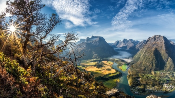 trees, cityscape, field, landscape, mountain, summer, valley, sun rays, river, nature, Norway, clouds