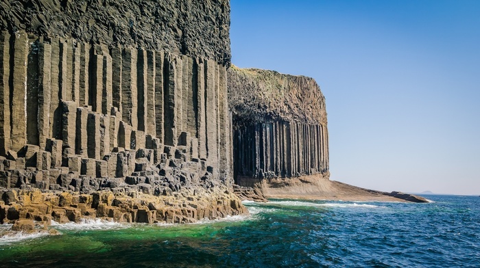 rock, nature, landscape, rock formation, pillar, sea, cliff, Scotland, UK, erosion, Staffa Island, columns