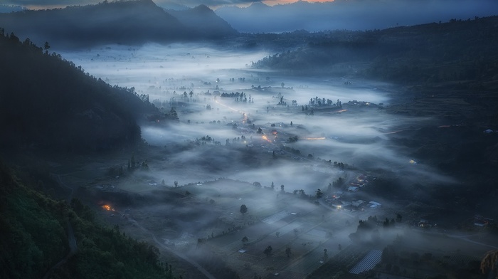 mist, valley, Indonesia, field, cityscape, mountain, nature, morning, landscape, clouds, forest, sunrise, blue