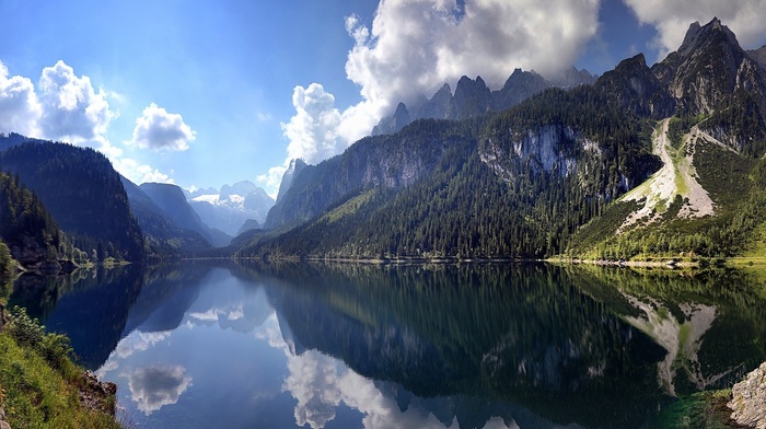 Austria, clouds, nature, water, cliff, forest, lake, landscape, reflection, mountain, summer