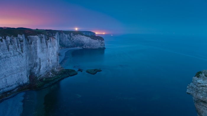 beach, blue, sea, evening, nature, landscape, lights, coast, cliff