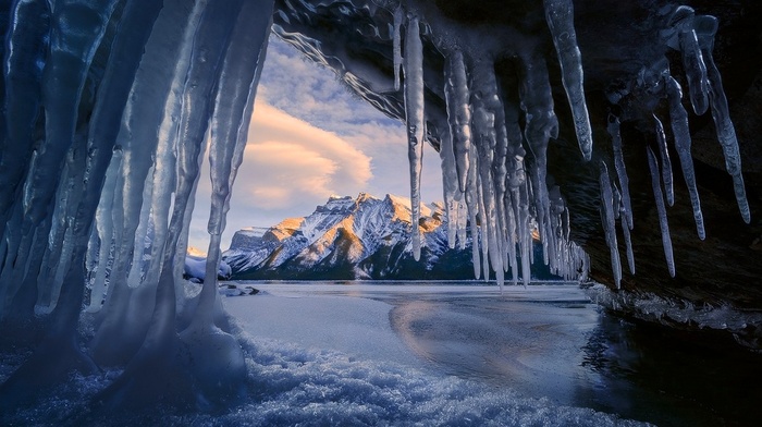 mountain, sunrise, nature, ice, winter, banff national park, lake, Canada, cave, landscape, snowy peak