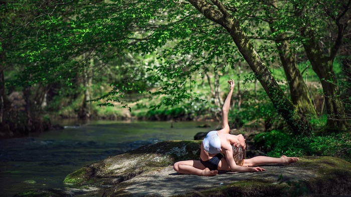 nature, yoga, stretching, girl, river