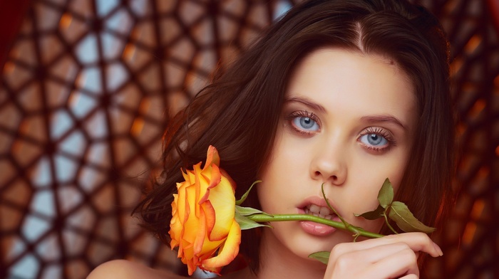brunette, gray eyes, rose, model, face, flowers, girl