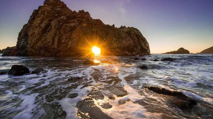 rock, sea, nature, sunset