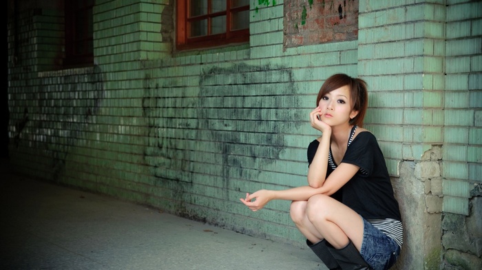 girl outdoors, model, girl, brunette, walls, Asian, Mikako Zhang, short hair, squatting