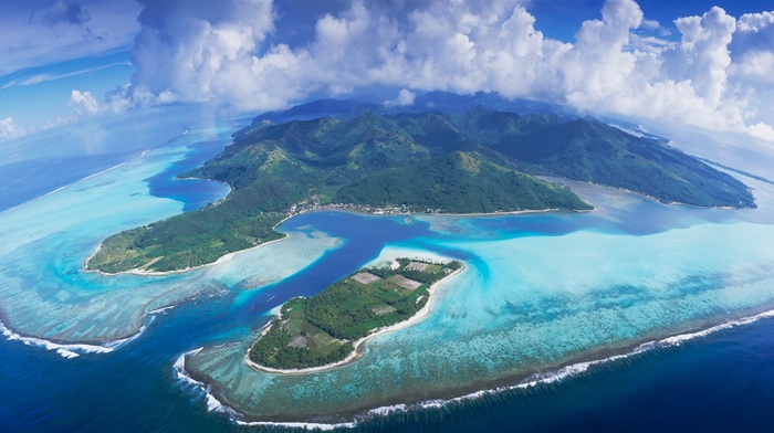 panoramas, clouds, aerial view, mountain, tropical, beach, Bora Bora, atolls, nature, sea, landscape