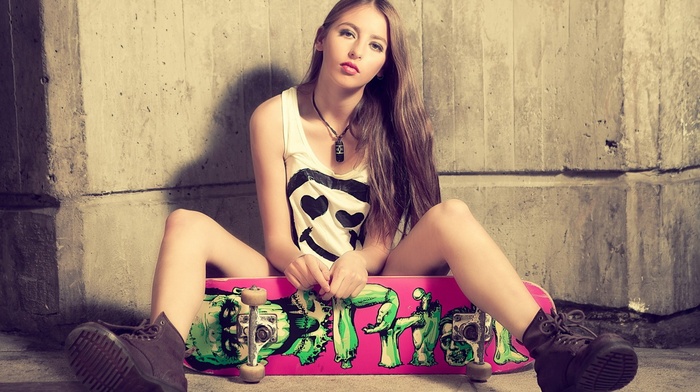 spread legs, skateboard, tank top, girl, walls