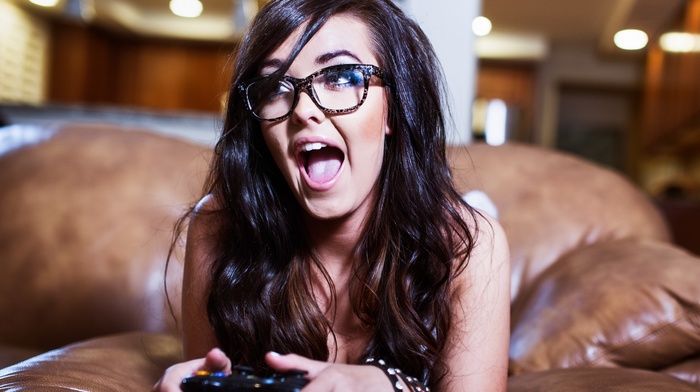 girl, open mouth, video games, glasses