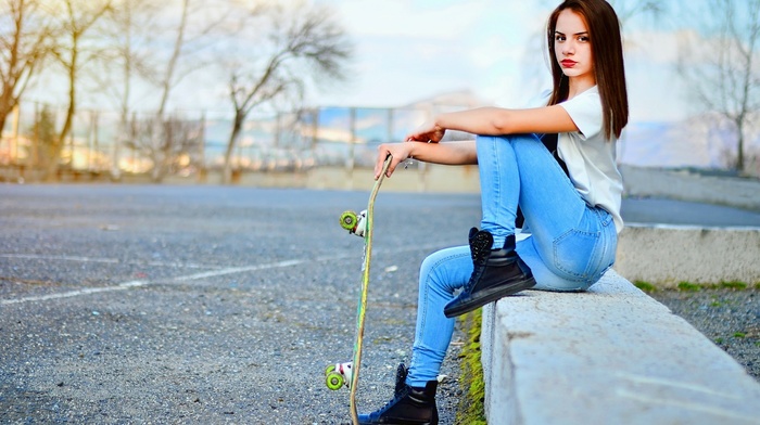 skateboard, jeans, model, road, girl