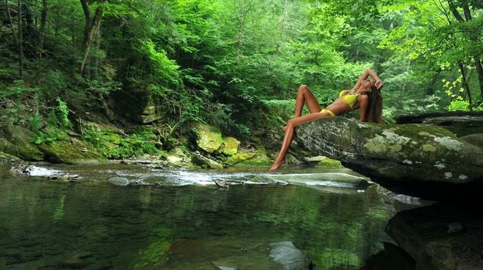 bikini, girl, river, model, rock, nature