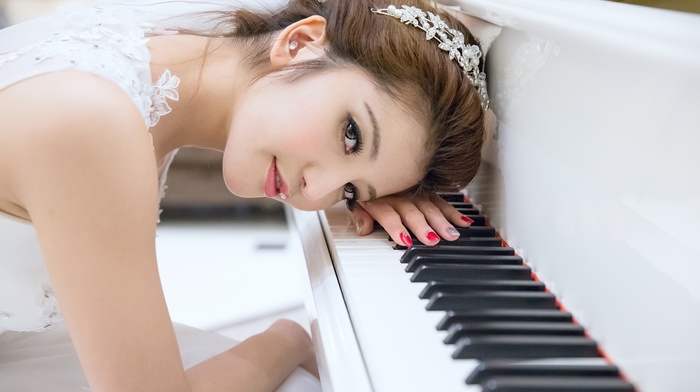 Asian, brunette, girl, white dress, piano