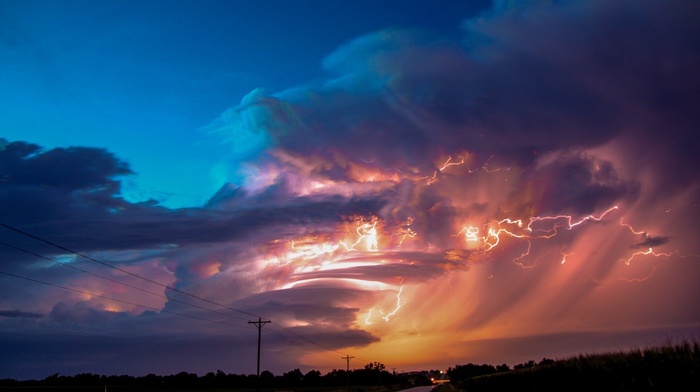 lightning, road, clouds