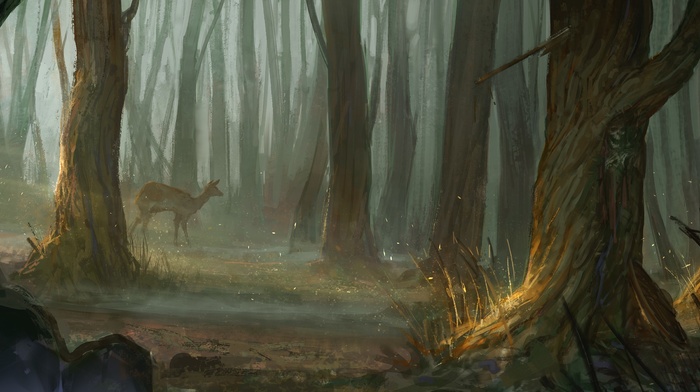 fantasy art, forest, deer
