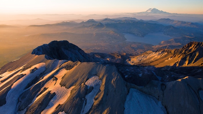 morning, nature, snowy peak, mountain, lake, sunrise, Washington state, volcano, Mount  St.  Helens, aerial view, landscape, mist