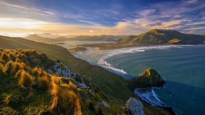 grass, sea, clouds, sunset, beach, landscape, New Zealand, nature, mountain