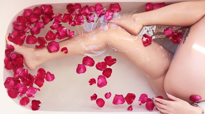 blonde, feet, legs, water, model, bathing, flower petals, bathtub, Suicide Girls, barefoot