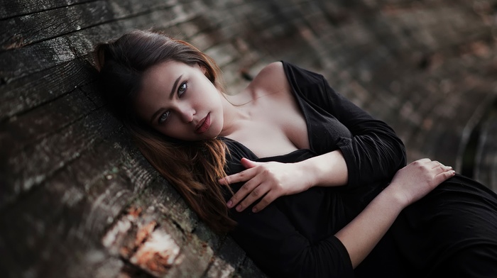 black dress, girl, wood, model