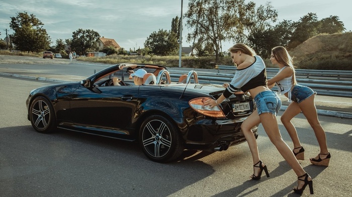 ass, car, men, jean shorts, road, girl, model