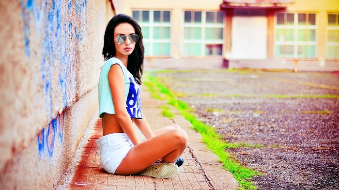 walls, model, glasses, girl, jean shorts, road