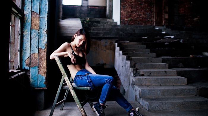 jeans, stairs, chair, girl, model, Asian, walls, window