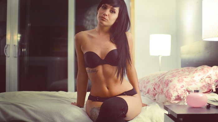 model, tattoo, girl, lingerie, piercing, bed