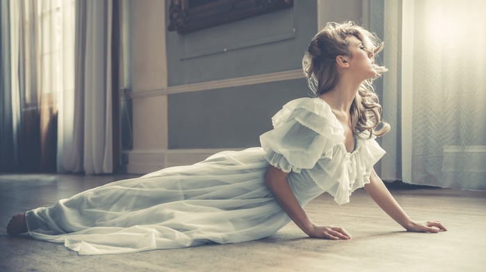 window, girl, model, white dress, blonde