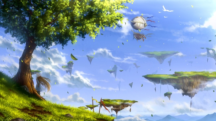 clouds, trees, birds, aircraft, anime girls