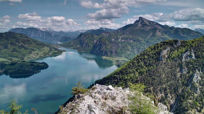 lake, hill, water