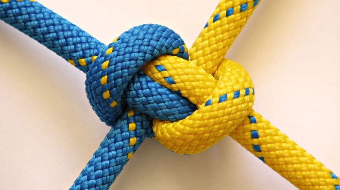 yellow, knot, blue, climbing, simple background, ropes