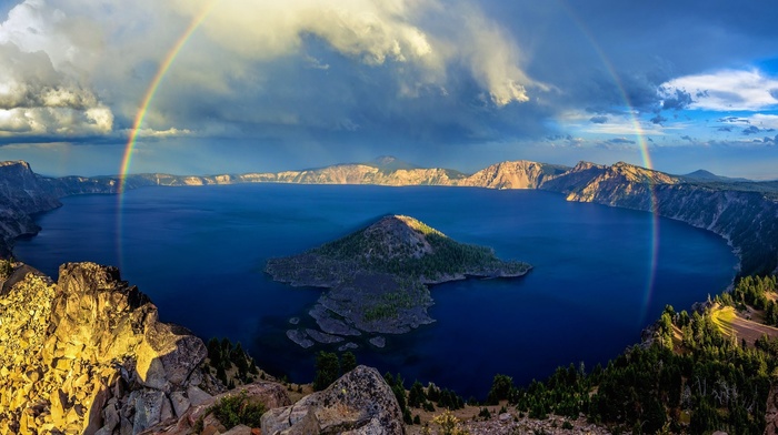 island, blue, landscape, forest, mountain, crater lake, rainbows, clouds, sunrise, water, nature, lake, cliff