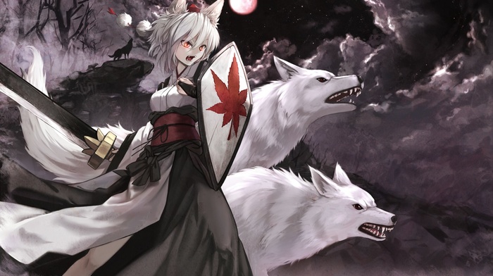 Inubashiri Momiji, wolf, anime girls, touhou, anime, sword, animal ears