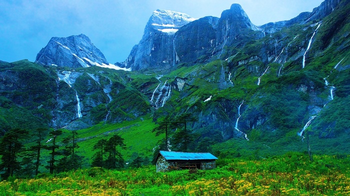 landscape, path, nature, blue, waterfall, snowy peak, valley, trees, yellow, mountain, wildflowers, green, Himalayas, hut, Nepal