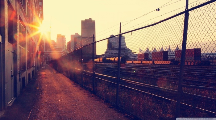 rail yard, sun rays, city, railway