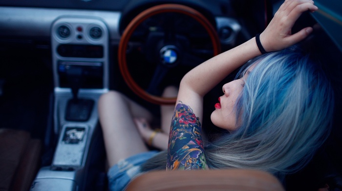 tattoo, blue hair, miata, Japanese