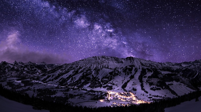 night, landscape, long exposure, town, galaxy, starry night, mountain, snow, stars