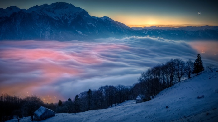 landscape, moon, snow, Switzerland, hut, mist, nature, clouds