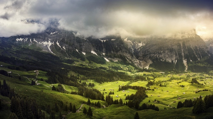 clouds, nature, valley, Switzerland, mountain, trees, landscape