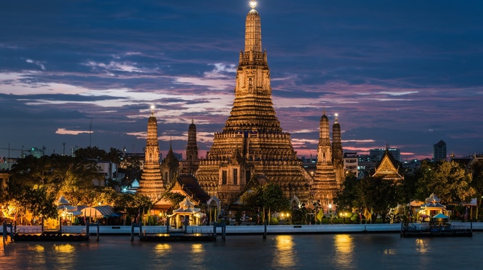 landscape, sunset, Thailand, Bangkok, river, old building, temple, building