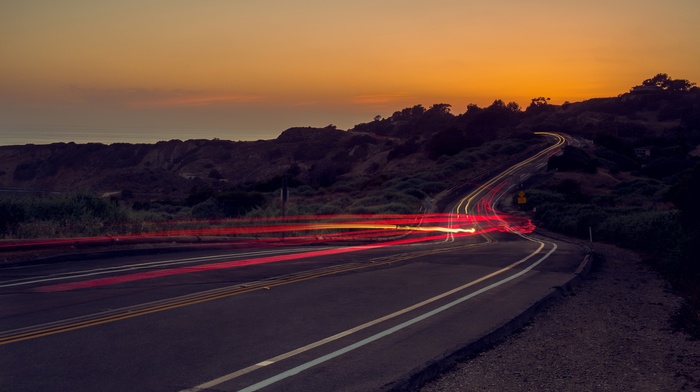 sunset, light trails, road