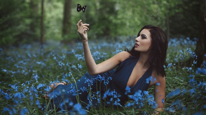 Amy Spanos, blue flowers, butterfly, girl