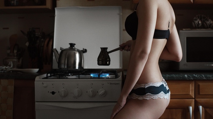 model, girl, kitchen