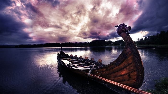 sunlight, vikings, filter, nature, forest, trees, boat, dragon, water, river, wood, longships, clouds