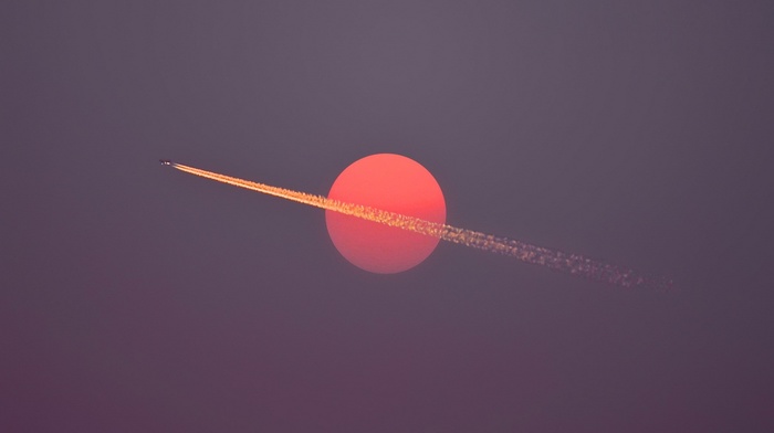 red, airplane, minimalism, aircraft, flying, contrails, Sun, sunset, sky